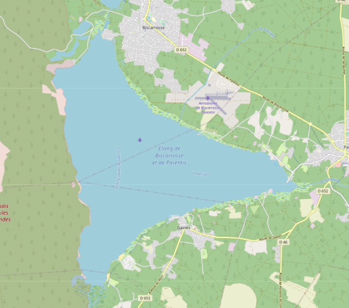 Vue générale OpenStreetMap du lac de Biscarrosse-Parentis montrant Biscarrosse, Parentis-en-Born et Gastes