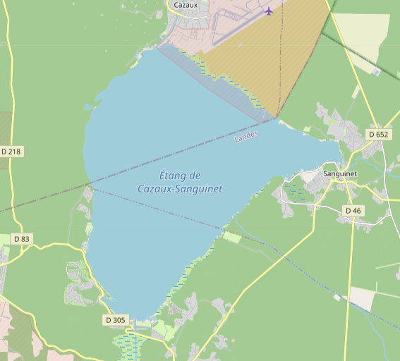 Vue générale OpenStreetMap du lac de Cazaux-Sanguinet montrant Cazaux, Sanguinet et Navarrosse