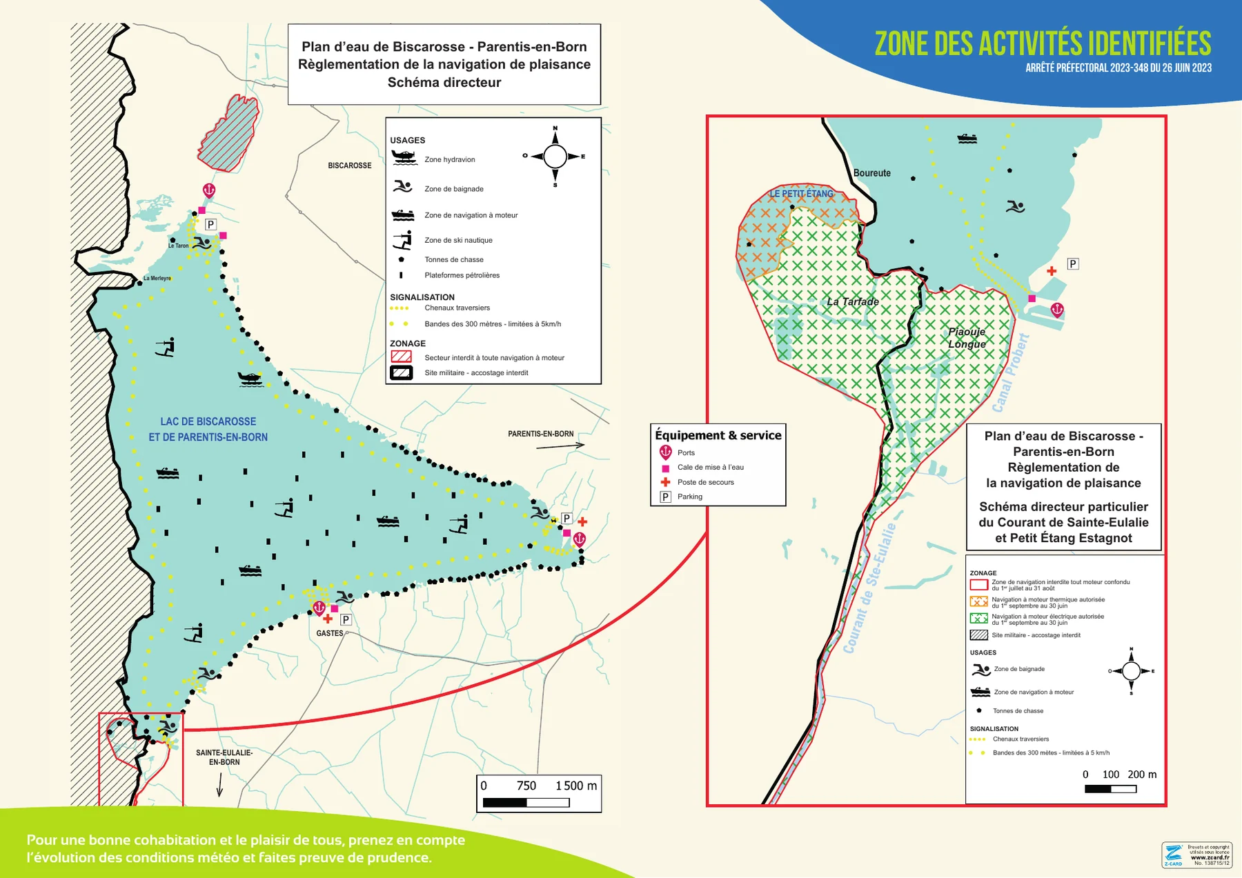 Carte officielle des zonages et activités du lac de Biscarrosse-Parentis, avec Gastes, Parentis-en-Born, Biscarrosse et Sainte-Eulalie-en-Born