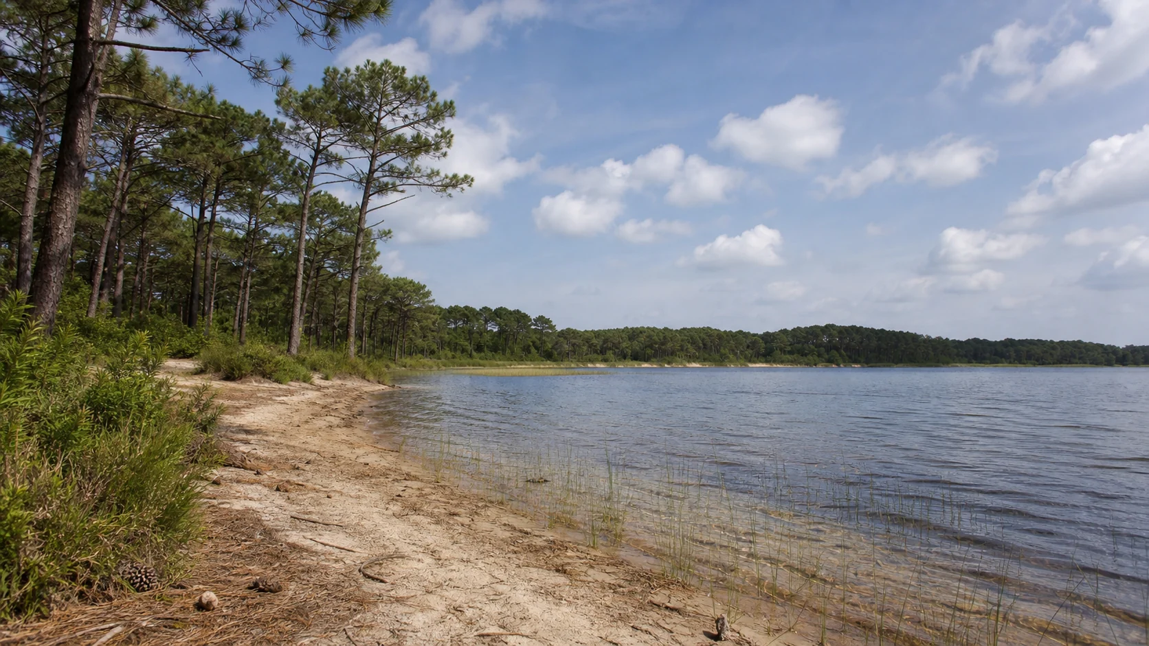 Rive naturelle de sable et pins maritimes au bord d'un lac landais