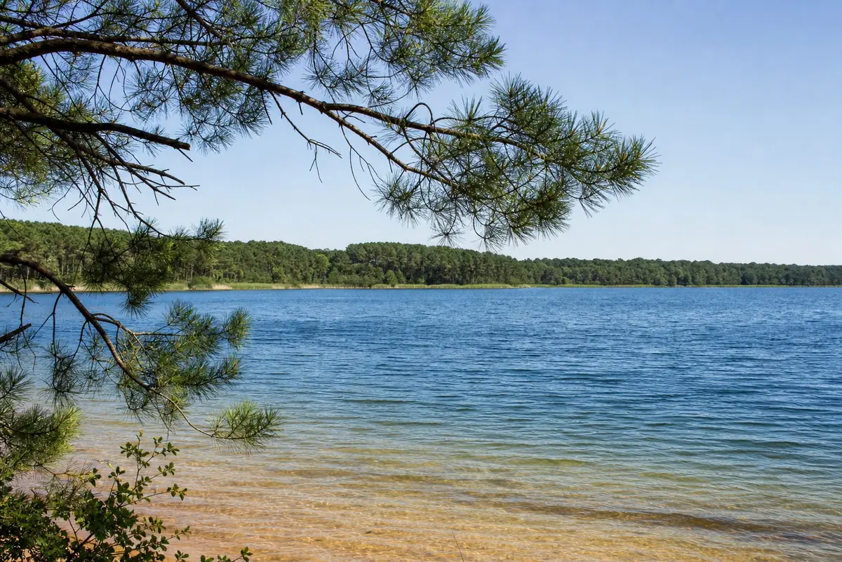 Rive d'un lac landais bordée de pins maritimes sous un ciel dégagé